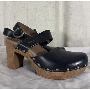 Dansko Black Leather Platform Clog Sandal Size 37 Wood Heel Studded Strap Buckle
